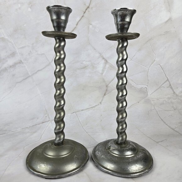 Pair of Vintage Aluminum Taper Candlestick Holders Twisted Body Style - Picture 1 of 14